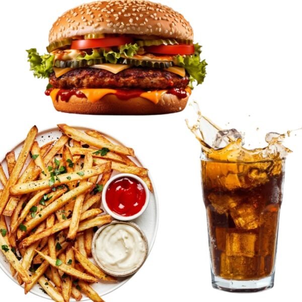 Crazy burger+slated fries+cock